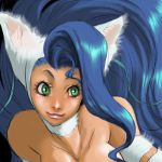  animal_ears blue_hair breasts capcom cat_ears darkstalkers felicia green_eyes long_hair miruhito_sakio smile solo vampire_(game) 
