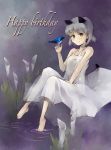  animal_ears barefoot bird bird_on_hand cat_ears dress feet happy_birthday sanya_v_litvyak short_hair silver_hair smile strike_witches water white_dress 