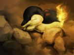  closed_eyes cyndaquil fire necona no_humans pokemon pokemon_(creature) realistic rock 