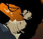  asphyxiation beard black_hair choking cowboy_bebop facial_hair formal genmaipudding male multiple_boys short_hair smile spike_spiegel strangling suit vincent_volaju 