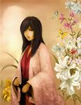  black_eyes black_hair butterfly flower hair_over_one_eye highres japanese_clothes jiro kimono lily_(flower) 