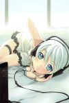  absurdres amplifier blue_eyes bracelet down_blouse face green_eyes hand_on_ear headphones highres jewelry listening_to_music looking_at_viewer lying minamura_haruki on_side original scan short_hair solo stax thigh_strap white_hair 