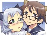  animal_ears bespectacled blush brown_eyes brown_hair cat_ears em glasses green_eyes highres miyafuji_yoshika multiple_girls sanya_v_litvyak school_uniform short_hair silver_hair smile strike_witches uniform 