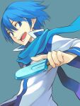  blue blue_eyes blue_hair face kaito lastswallow male popsicle scarf short_hair simple_background smile solo vocaloid 