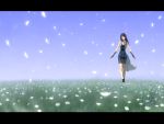  1600x1200 1girl bike_shorts black_hair boots breasts cleavage closed_eyes commentary detached_sleeves female field final_fantasy final_fantasy_viii flower highres jayun petals rinoa_heartilly skirt solo walking wallpaper 