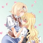  alice_margatroid alternate_hairstyle blonde_hair blush closed_eyes forehead_kiss hairband kirisame_marisa kiss long_hair multiple_girls nanase_nao petals short_hair touhou yellow_eyes yuri 