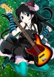  1girl akiyama_mio bass_guitar black_eyes black_hair don&#039;t_say_&quot;lazy&quot; don&#039;t_say_lazy dress face_paint facepaint fingerless_gloves gloves hat instrument jewelry k-on! kneeling long_hair mini_top_hat necklace solo striped takayama_mizuki thigh-highs thighhighs top_hat zettai_ryouiki 