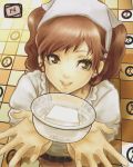  bowl brown_eyes brown_hair earrings food foreshortening from_above hands jewelry kujikawa_rise persona persona_4 smile solo tofu twintails y-chan 