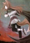  animal_ears anklet ayakura_juu blush brown_hair cape fang fangs grin highres holo jewelry long_hair looking_back no_socks official_art pouch red_eyes running scan smile spice_and_wolf tail wolf_ears 