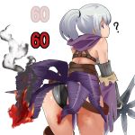  aasara ass burning damage_numbers elbow_gloves fantasy_earth_zero feathers fire from_behind gloves long_hair looking_back ponytail purple_eyes silver_hair solo strap 