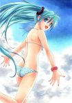  bikini butt_crack cloud clouds green_eyes green_hair hatsune_miku long_hair looking_back open_mouth smile striped striped_bikini striped_swimsuit swimsuit traditional_media trimcolor twintails vocaloid wristband 