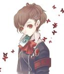  aaya bow brown_hair butterfly card card_in_mouth female_protagonist_(persona_3) headphones lowres mouth_hold persona persona_3 persona_3_portable red_eyes ribbon school_uniform solo 