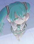  angry aqua_eyes aqua_hair bad_id face foreshortening from_above hatsune_miku highres long_hair necktie pout skirt thigh-highs thighhighs twintails uyama_hajime vocaloid zettai_ryouiki 