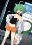  :d ahoge bag bell bell_collar blush breasts celery cleavage collar dragon dragon_girl dutch_angle fang green_eyes green_hair hand_on_hip happy highres horns jacket legs lizard_tail midriff monster_girl navel open_mouth original pose shopping_bag short_hair shorts slit_pupils smile spring_onion tail tank_top 