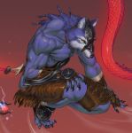  animal_ears armor blue_skin claws fantasy kneeling male muscle snake sword weapon werewolf wolf wolf_ears 