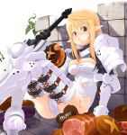  armor blonde_hair blush bread breasts brown_eyes cheese chocolate cleavage eating elf fantasy_earth_zero food gauntlets greaves heart huge_sword huge_weapon long_hair meat pauldrons pointy_ears shoulder_pads sword thigh-highs thighhighs torn_clothes weapon white_legwear white_thighhighs 