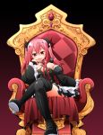  1girl bare_shoulders crossed_legs detached_sleeves fang frills krul_tepes long_hair manami_tatsuya owari_no_seraph pink_hair pointy_ears red_eyes ribbon sitting solo thigh-highs throne twintails vampire zettai_ryouiki 