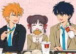  1girl 2boys black_hair bow brown_eyes brown_hair cardigan closed_eyes cup eating eatting fang food fries fushigi_yuugi grey_eyes hair_ribbon hamburger heart long_hair mcdonald&#039;s multiple_boys necktie open_mouth orange_hair ribbon school_uniform short_hair straw tamahome_(fushigi_yuugi) tasuki_(fushigi_yuugi) tetsukuzu_tetsuko yuuki_miaka 