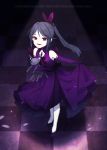  1girl black_hair butterfly_hair_ornament cat dress full_body hair_ornament happy high_heels jewelry long_gloves long_hair michelle_malebranche necklace ponytail purple_dress purple_gloves red_eyes saban solo sound_horizon 