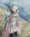  1girl :d blue_eyes blue_hair cape crying crying_with_eyes_open elbow_gloves from_above gloves long_hair looking_at_viewer nikuman_(kgntk) nymph_(sora_no_otoshimono) open_mouth smile solo sora_no_otoshimono tears twintails very_long_hair 