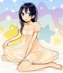  1girl barefoot black_hair blue_eyes dress kitashirakawa_tamako long_hair momose_(oqo) tamako_market 