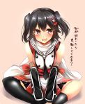  1girl :d black_eyes black_hair hair_ornament highres indian_style kantai_collection looking_at_viewer ninja open_mouth scarf school_uniform sendai_(kantai_collection) serafuku sitting smile solo sparkling_eyes translation_request tsukui_kachou two_side_up 