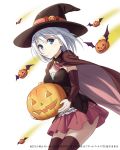  1girl blue_eyes date_a_live hair_ornament hairclip hat jack-o&#039;-lantern konoe_(vis9191) looking_at_viewer official_art pumpkin short_hair smile solo tobiichi_origami witch_hat 