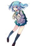  1girl backpack bag blue_eyes blue_hair contemporary hair_bobbles hair_ornament kawashiro_nitori key_necklace kurumi_(69a4y) looking_at_viewer necktie no_hat open_mouth pleated_skirt school_uniform skirt solo touhou twintails 