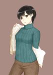  1girl black_hair highres poco_(backboa) ribbed_sweater short_hair simple_background solo sweater 