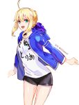  1girl :d ahoge astarone blonde_hair bow braid casual fate/stay_night fate_(series) green_eyes hair_bow hoodie leaning_forward looking_at_viewer open_mouth saber shorts smile solo white_background 
