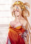  1girl bare_shoulders blonde_hair breasts chain_chronicle cleavage collarbone crossed_arms hair_ornament headdress highres horn japanese_clothes kaminatsuki_(chain_chronicle) kimono large_breasts long_hair looking_at_viewer obi red_eyes sash shijiu_(adamhutt) smile solo very_long_hair 