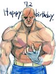  abs bald dated happy_birthday highres muscle no_pupils sagat scar shirtless smile solo street_fighter tetsu_(kimuchi) 