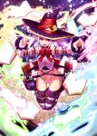  1girl book doku-chan_(dokkudokudoku) flat_chest hat highres looking_at_viewer original pointy_ears smile solo thighs witch_hat 
