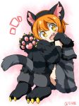  1girl animal_costume animal_ears blush cat_costume cat_ears cat_tail eromame fang gloves hoshizora_rin knees_on_chest love_live!_school_idol_project orange_hair paw_gloves paw_shoes shoes short_hair solo tail yellow_eyes 