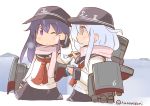  2girls akatsuki_(kantai_collection) anchor_symbol facepaint flat_cap hanomido hat hibiki_(kantai_collection) kantai_collection long_hair long_sleeves multiple_girls neckerchief one_eye_closed purple_hair scarf school_uniform serafuku smile twitter_username violet_eyes white_hair 