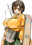  1girl breasts brown_eyes brown_hair flight_deck hiryuu_(kantai_collection) huge_breasts japanese_clothes kantai_collection open_mouth sachito short_hair simple_background solo white_background 