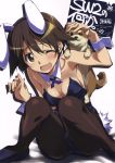  1girl ;d absurdres animal_ears animal_on_shoulder bare_shoulders black_legwear blush breasts brown_eyes brown_hair bunny_tail bunnysuit cleavage collarbone detached_collar dog fake_animal_ears fishnet_pantyhose fishnets highres knees_together_feet_apart kurashima_tomoyasu leotard miyafuji_yoshika one_eye_closed open_mouth pantyhose petting rabbit_ears shiny shiny_hair short_hair sitting smile solo strike_witches tail wrist_cuffs 