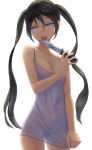  1girl bare_arms bare_shoulders black_hair blue_eyes breasts cleavage collarbone dress dress_tug knife kurione_(zassou) large_breasts licking_weapon long_hair no_bra original purple_dress see-through short_dress sleeveless sleeveless_dress solo tongue tongue_out twintails very_long_hair yandere 