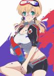  1girl adapted_costume agu aqua_eyes blonde_hair goggles goggles_on_head highres kantai_collection long_hair looking_at_viewer low_twintails midriff navel paint_on_face prinz_eugen_(kantai_collection) shorts single_glove solo twintails 