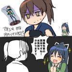  2girls 2koma alternate_color arrow black_hair bow_(weapon) brown_hair comic commentary_request figure flight_deck hair_ribbon ifpark_(ifpark.com) japanese_clothes kaga_(kantai_collection) kantai_collection katsuragi_(kantai_collection) multiple_girls muneate o_o ponytail quiver ribbon short_sidetail sparkle sweatdrop thigh-highs translated weapon 