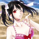  1girl artist_request bikini_top black_hair blown_kiss bow hair_bow looking_at_viewer love_live!_school_idol_project one_eye_closed red_eyes short_hair solo twintails yazawa_nico 