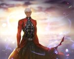  1boy archer astarone closed_eyes clouds dark_skin fate/stay_night fate_(series) smile solo standing white_hair 
