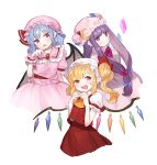  3girls :d bat_wings blue_eyes blush breasts fang fingers_together flandre_scarlet gwayo hat highres long_hair looking_at_viewer multiple_girls open_mouth patchouli_knowledge pointy_ears purple_hair red_eyes remilia_scarlet short_hair side_ponytail simple_background smile touhou very_long_hair violet_eyes white_background whtie_background wings wrist_cuffs 