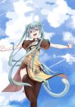  1girl animal_ears blue_eyes bracelet cat_ears cat_tail clouds final_fantasy final_fantasy_xiv green_hair hatsune_miku highres jewelry long_hair open_mouth outstretched_arms sky solo spread_arms tail thigh-highs twintails very_long_hair vocaloid 