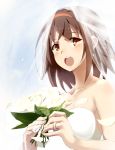  1girl bare_shoulders blush bouquet bridal_veil brown_hair dress earrings flower hairband highres jewelry kantai_collection kuzu_(miduhana) looking_at_viewer open_mouth orange_eyes petals ring shiratsuyu_(kantai_collection) short_hair solo strapless_dress tears upper_body veil wedding_band wedding_dress white_dress white_roses 