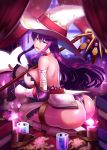  1girl :p ass bare_shoulders book breasts doku-chan_(dokkudokudoku) hat highres huge_breasts looking_at_viewer original purple_hair solo staff thighs tongue tongue_out witch_hat 