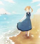  1girl beach blue_dress brown_hair character_request closed_eyes clouds dress full_body long_hair ponytail saban sky smile solo sound_horizon water 