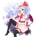  1girl arm_rest ascot bat_wings black_legwear blue_hair frilled_skirt frills gradient gradient_background hat hat_ribbon head_tilt junior27016 knee_up looking_at_viewer mob_cap no_shoes pointy_ears puffy_short_sleeves puffy_sleeves red_eyes remilia_scarlet ribbon sash short_hair short_sleeves sitting skirt skirt_set smile solo thigh-highs touhou wings 