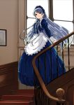  1girl apron blue_eyes blue_hair earrings female gustav_(telomere_na) highres jewelry long_hair long_sleeves looking_at_viewer maid maid_apron maid_headdress original photo_(object) solo stairs window 