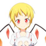  1girl alternate_hairstyle blonde_hair cato_(monocatienus) flandre_scarlet hat hat_removed headwear_removed looking_at_viewer mob_cap puffy_short_sleeves puffy_sleeves red_eyes shirt short_hair short_sleeves smile solo touhou upper_body wings 